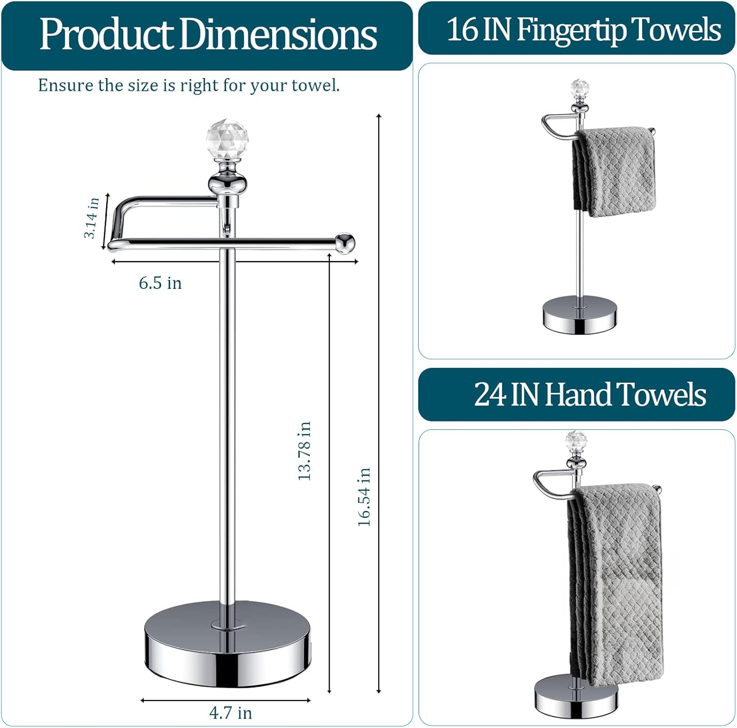 ROLABAM Heavy Weighted Hand Towel Holder (with Crystal Ball) Standing Hand Towel Holder Total Height 16.54'' for Kitchen, Bathroom, Vanity, Classic Decorative Metal Hand Towel Stand, Polished Chrome