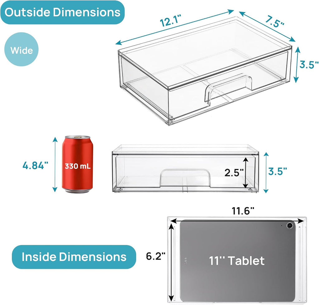 Vtopmart Clear Stackable Storage Drawers, 2 Pack Wide Plastic Organizers