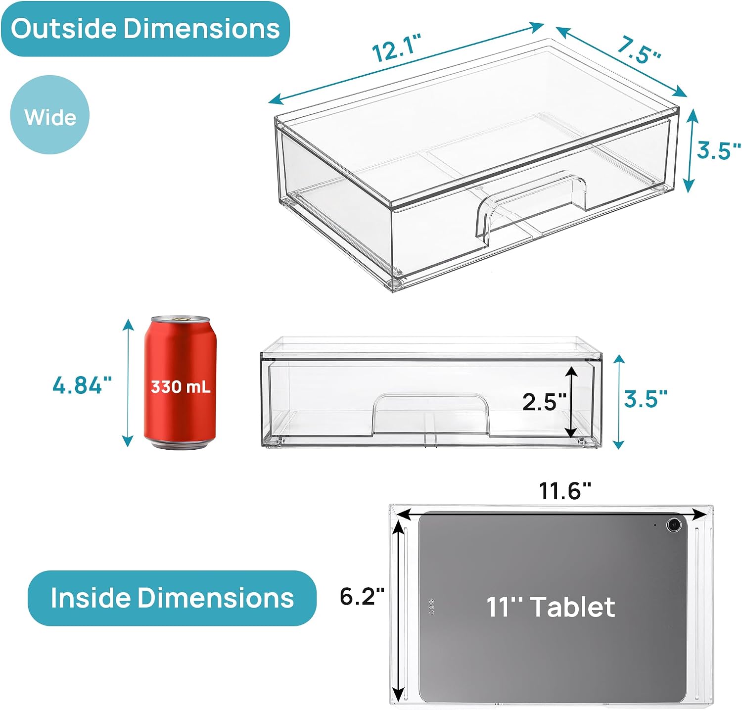 Vtopmart Clear Stackable Storage Drawers, 2 Pack Wide Plastic Organizers