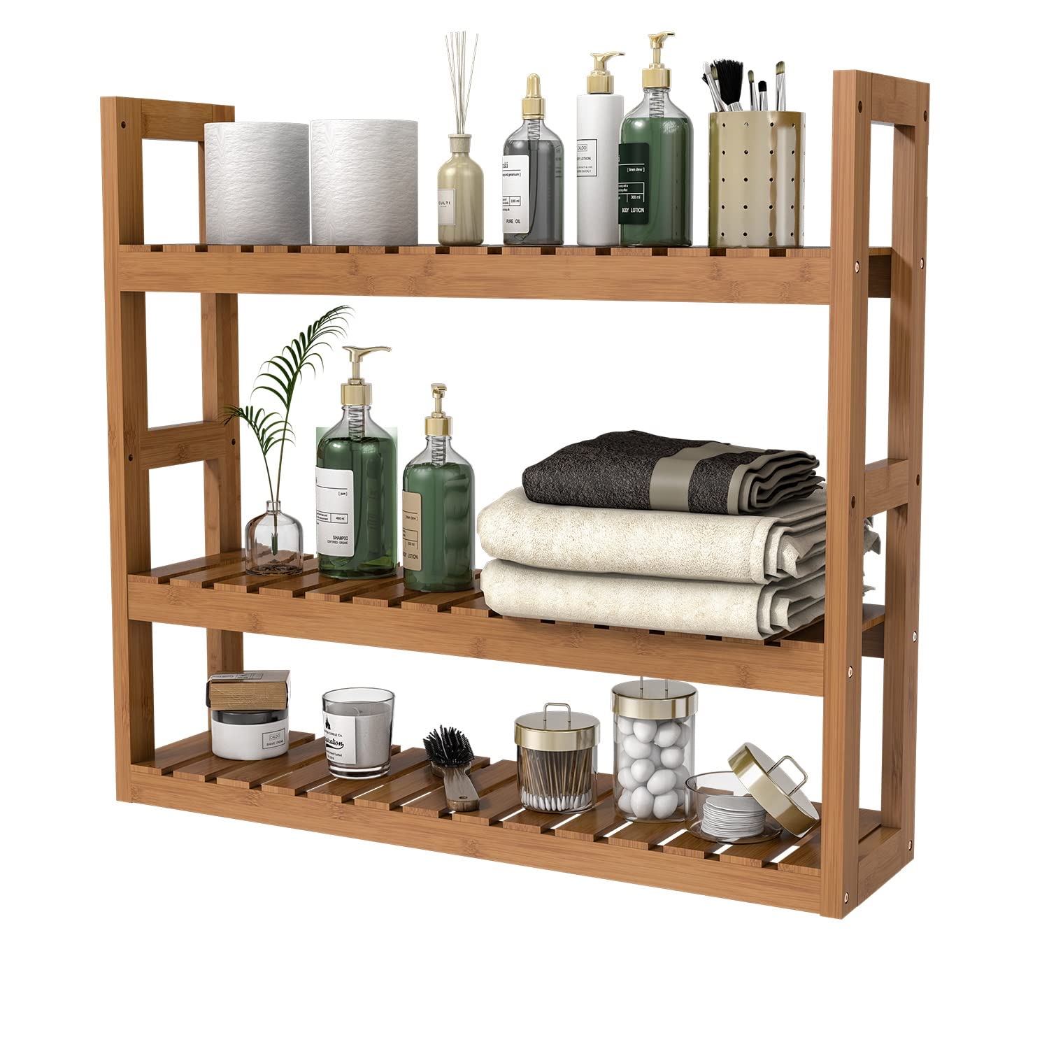 Domax Bamboo Bathroom Shelf 3-Tier Wall Mount Storage Rack Multifunctional Adjustable Layer Free Standing Over Toilet Utility Shelves Living Room Kitchen (Black)