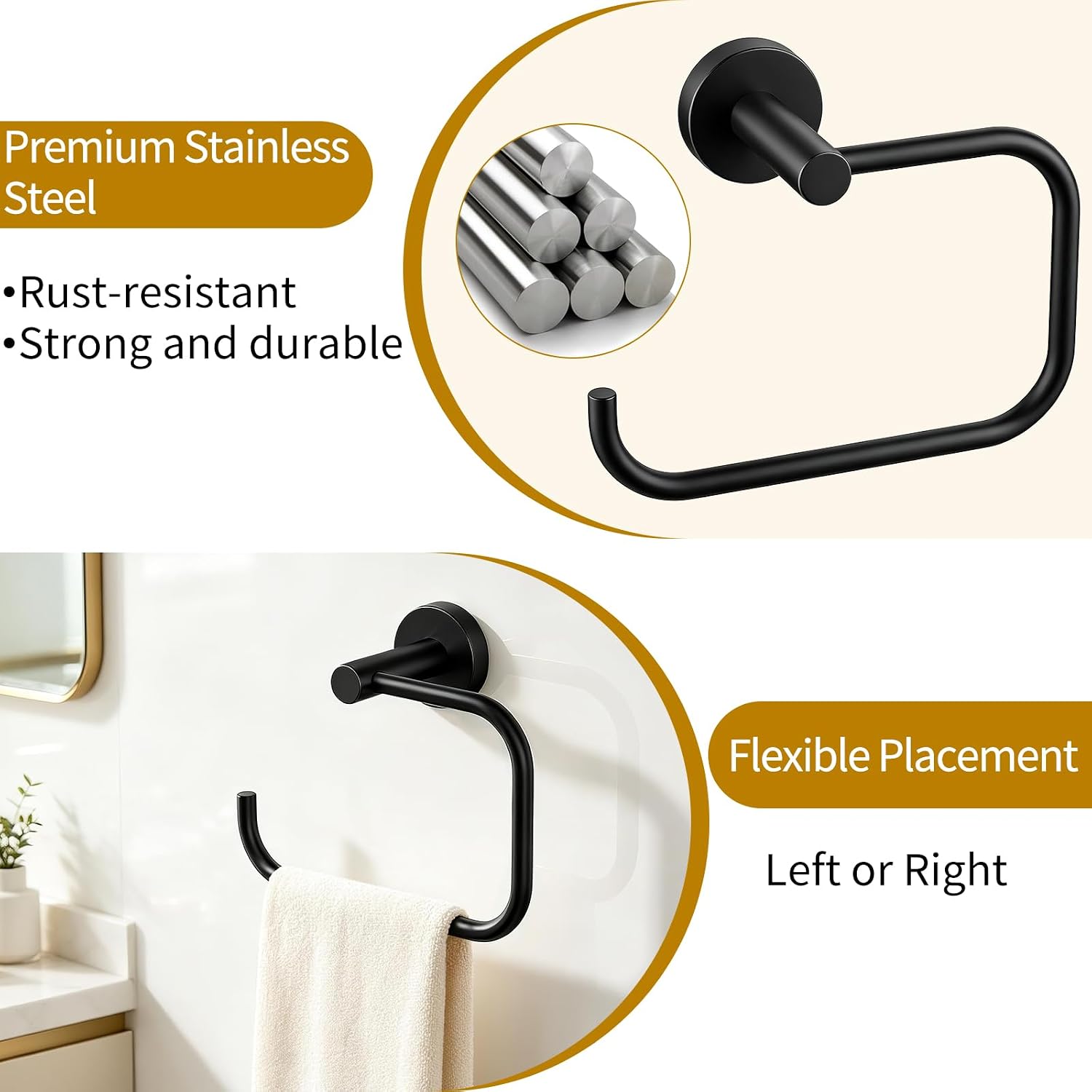 STWWO Hand Towel Holder, 180° Swievl C Shape SquareTowel Ring, Matte Black