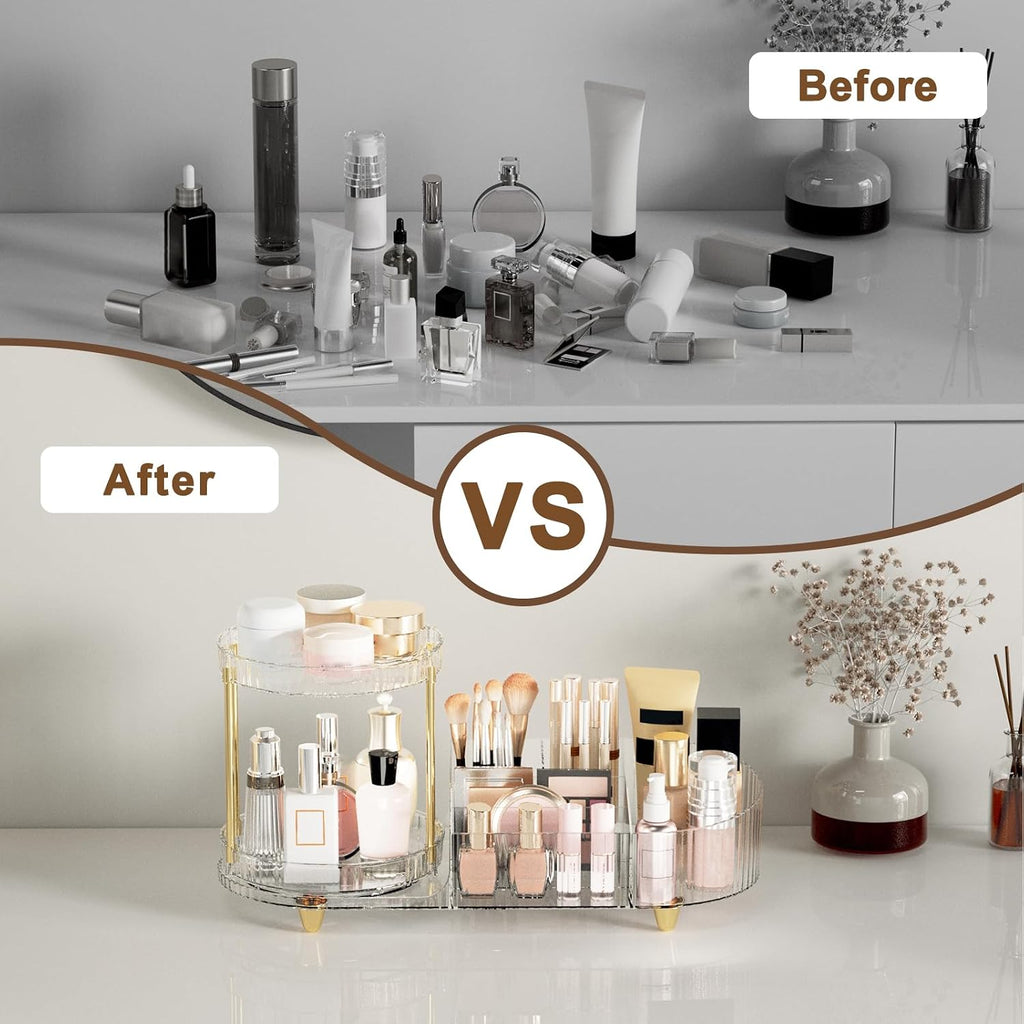 Makeup Organizer Countertop for Vanity, Rotating Perfume Tray with 5-compartment Cosmetic and Skincare Organizers, Multi-Purpose Desk Storage Makeup Brush Holder for Bathroom Bedroom Counter