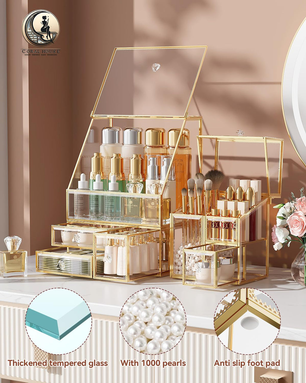 CoralHouse Glass Makeup Organizer with Brush Holder for Vanity