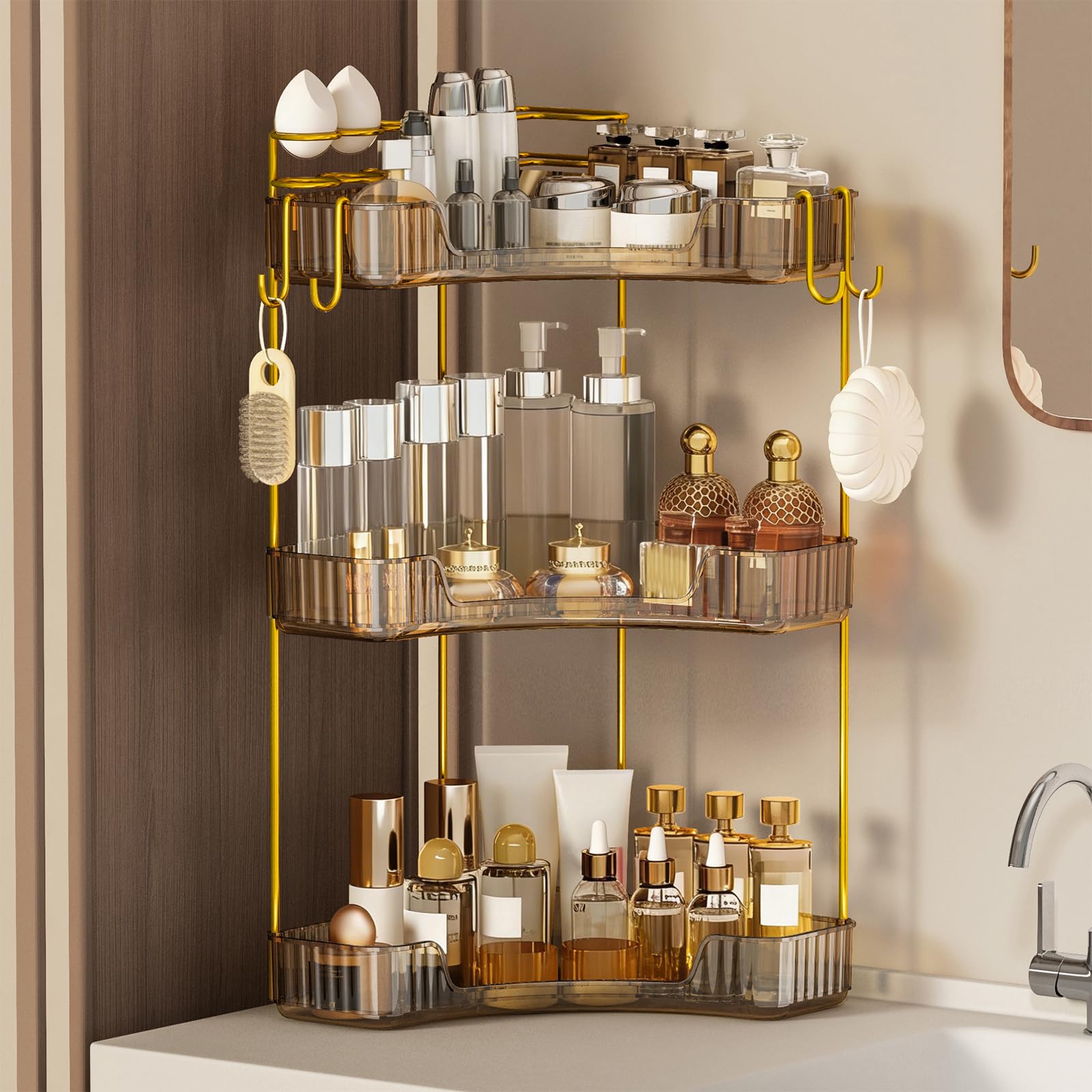2-Tier Corner Bathroom Counter Organizer，Makeup & Skincare Shelf with Built-in Brush Holder，Space-Saving Bathroom Countertop Organizer for Skincare, Perfume, Cosmetics(Clear)
