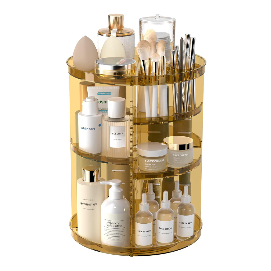 Rotating Makeup Organizer, DIY 8 Adjustable Layers Spinning Skincare Storage, Cosmetic Display Case with Brush Holder and Perfume Tray, Multi-Function Vanity Bathroom Countertop Organizer Clear