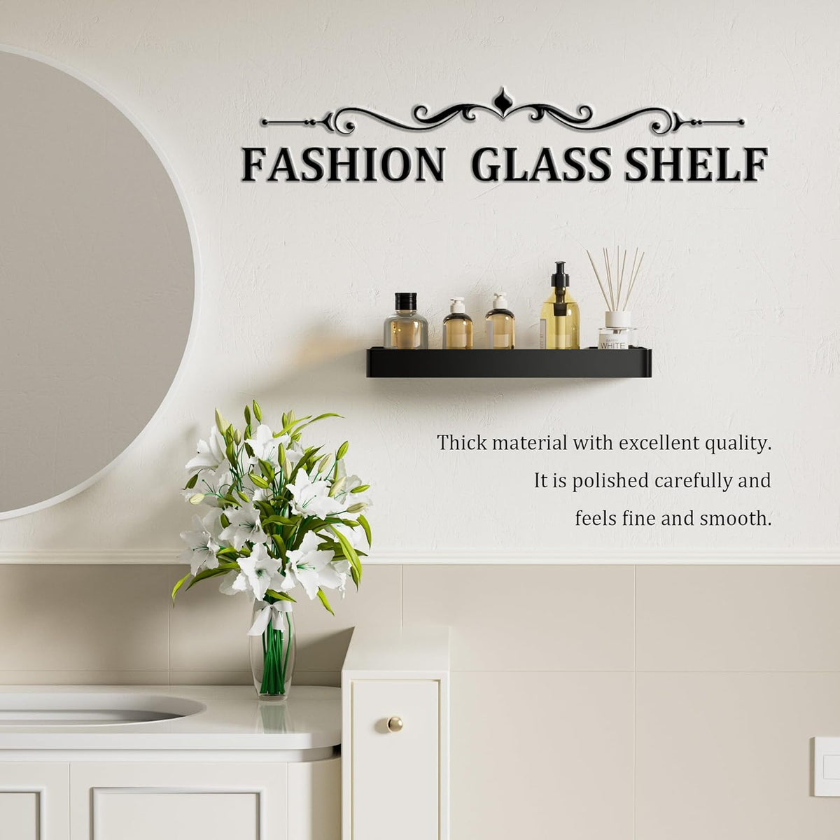 Alise Bathroom Shelves,11.8" Black Glass Shelves for Bathroom Wall Mounted