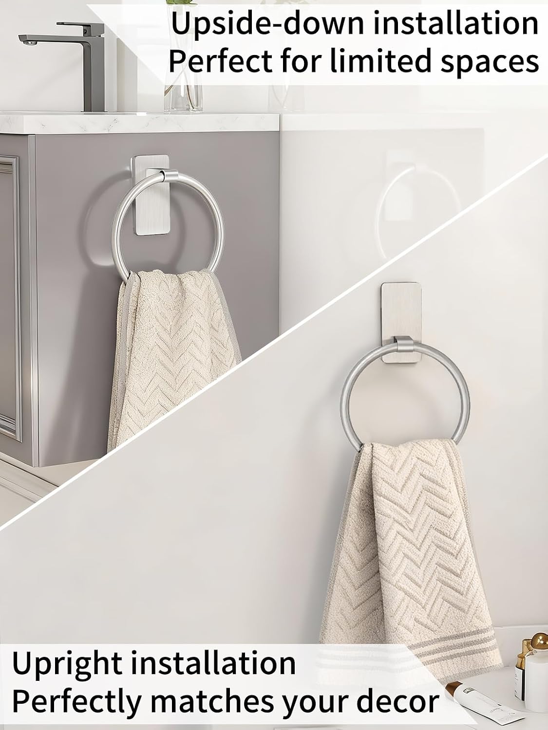 STWWO Hand Towel Holder for Bathroom, Brushed Nickel Towel Ring Adhesive