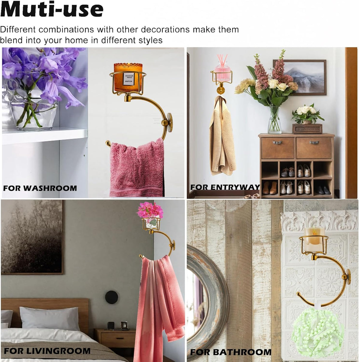 Hand Towel Holder with Vintage Candle Holder for Wall, Towel Hook for Bathroom Wall, Rustic Towel Ring with Elegent Candle Holder, Sturdy Wall Mounted Hanger for Bathroom