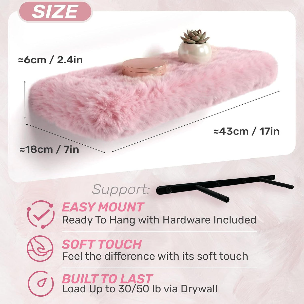 Furry Floating Shelves for Wall,2 Pack Wood Shelf with Plush Soft Shag Cover, Wall Mounted Shelves for Bedroom, Living Room, Suitable for Storing Valuable Collectibles, High Heels, Bags, Jewelry, Pink