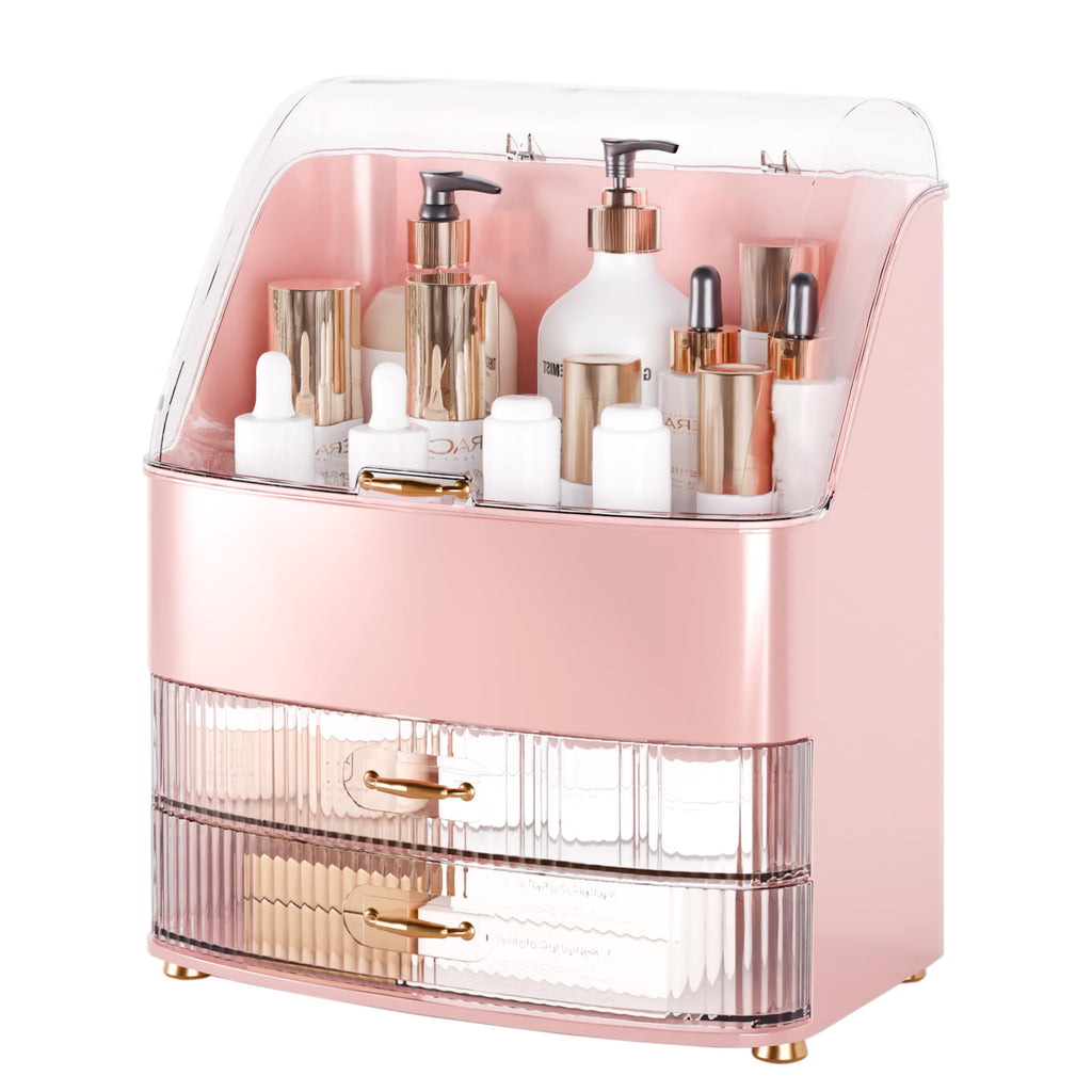 Makeup Organizer Countertop Vanity with Transparent Lid Drawers Waterproof Dustproof Cosmetic Skincare Bathroom Storage Gift for Women Teens Girls (White)