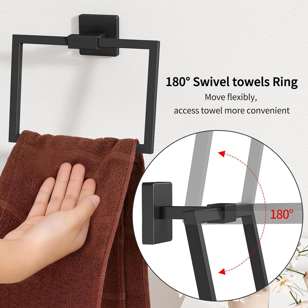 CHJgroup Hand Towel Holder for Bathroom Wall, Square 180° Swivel Towel Ring