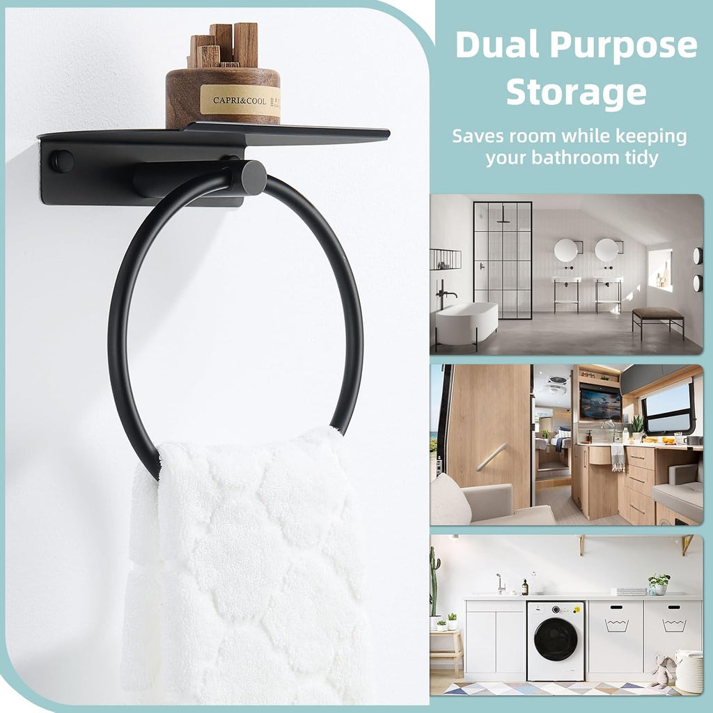 APLusee Hand Towel Ring with Shelf, Matte Black, 304 Stainless Steel