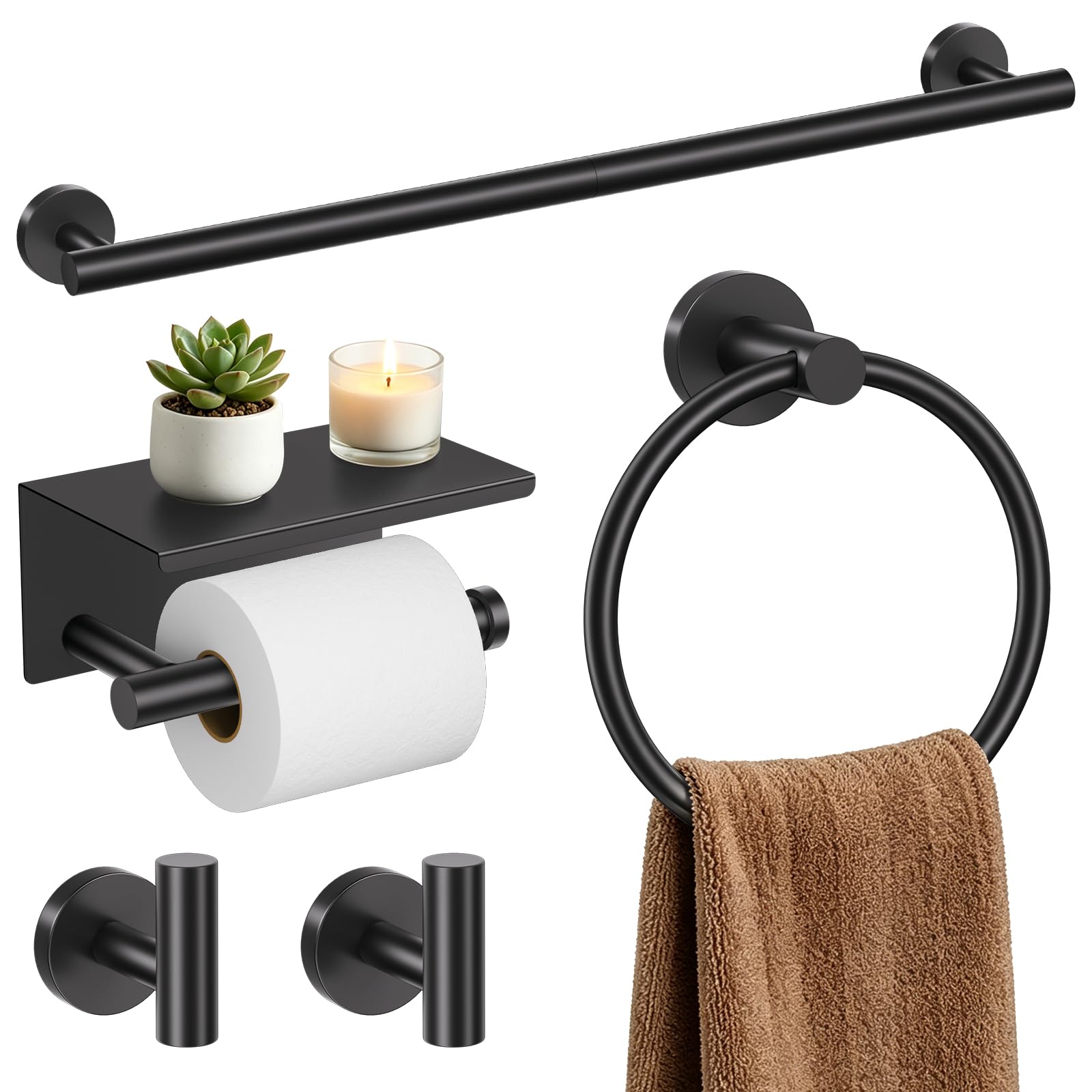 TURS Brushed Gold 5 Piece Bathroom Hardware Set, SUS304 Stainless Steel 24 Inch Bath Towel Bar Set, Round Bathroom Accessories Kit Wall Mounted