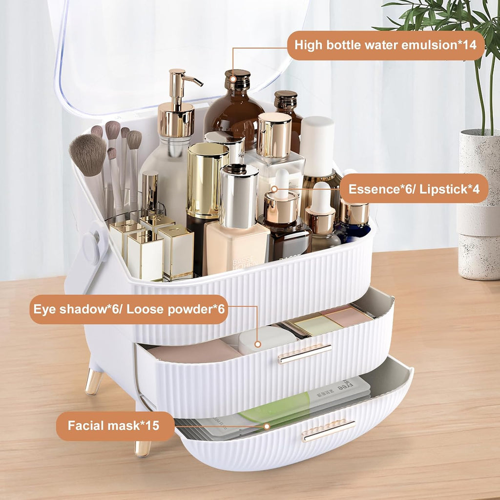 Makeup Organizer for Vanity, Make up Organizers and Storage, Cosmetics Skincare Organizers with Lid and Drawers, Cosmetic Display Cases for Countertop, Bathroom, Dresser, Ideal Gifts for Women(White)