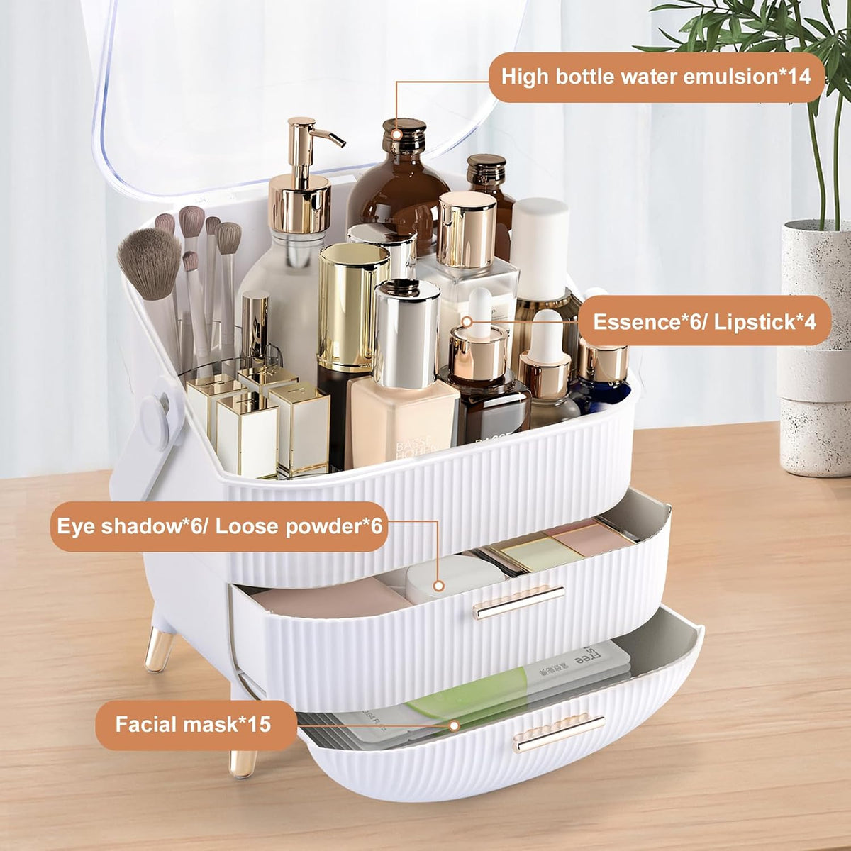 Makeup Organizer for Vanity, Make up Organizers and Storage, Cosmetics Skincare Organizers with Lid and Drawers, Cosmetic Display Cases for Countertop, Bathroom, Dresser, Ideal Gifts for Women(White)