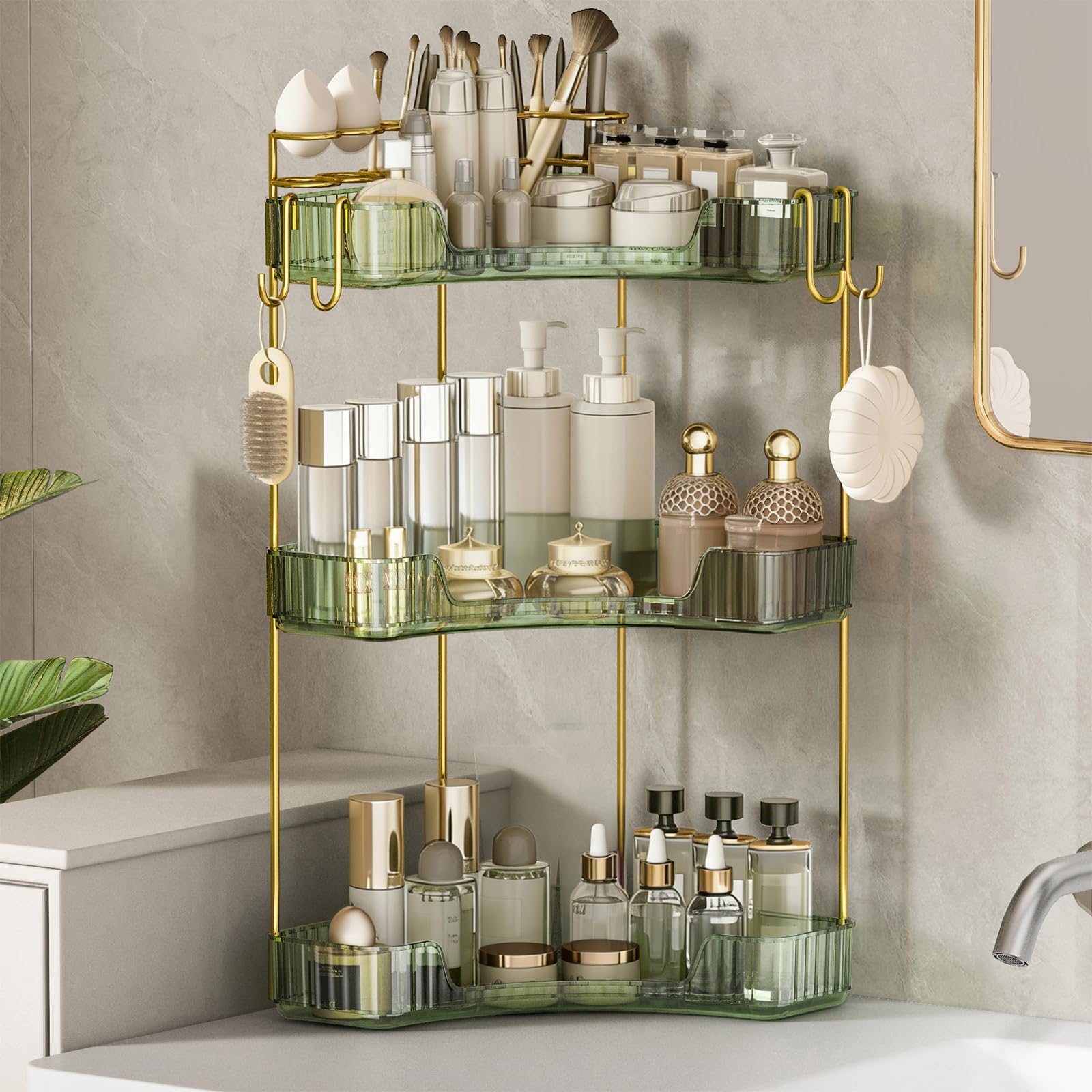 2-Tier Corner Bathroom Counter Organizer，Makeup & Skincare Shelf with Built-in Brush Holder，Space-Saving Bathroom Countertop Organizer for Skincare, Perfume, Cosmetics(Clear)
