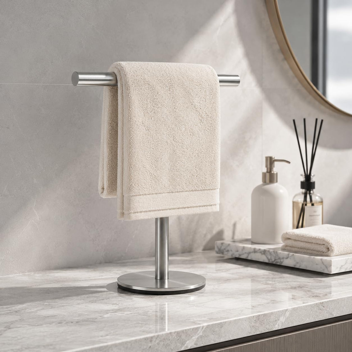 Bath Hand Towel Holder Standing, 13 Inch T-Shape Towel Bar Rack Stand, SUS304 Stainless Steel Brushed Finish,Tower Bar for Bathroom Kitchen Vanity Countertop