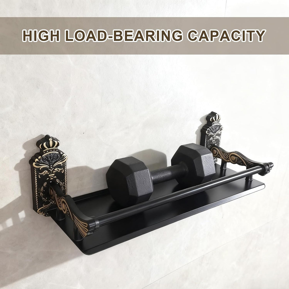 Vintage Bathroom Shelves Wall Mounted with Metal Railing ，Storage Shelves for Bathroom, Kitchen, Living Room & Bedroom (Antique Black, 15.7 Inches)