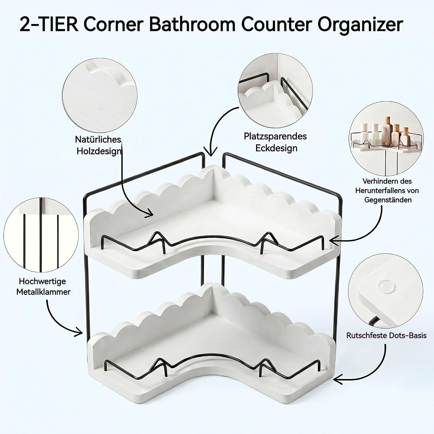 2-Tier Solid Wooden Corner Organizer with Elegant Scalloped Edge, Modern Stylish Shelf for Bathroom Vanity & Kitchen Countertop Storage, Moisture-Resistant with Anti-Fall Fences & Anti-Slip Pads