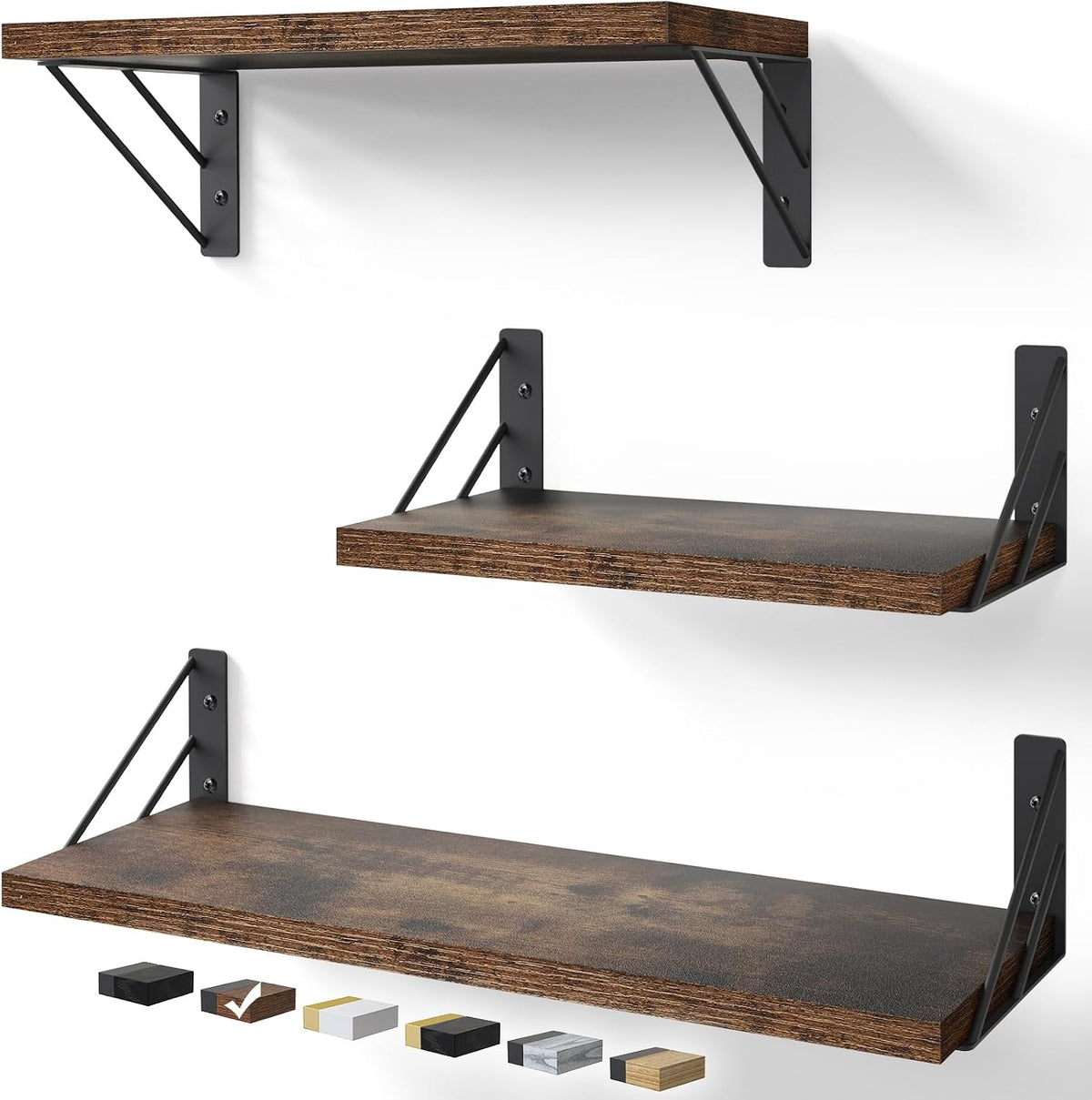 Bayka Wall Shelves for Bedroom Decor, Floating Wall Shelves for Living Room Kitchen Storage, Wall Mounted Rustic Wood Shelves for Kids Books, Small Shelf for Bathroom(Rustic Brown，Set of 3)