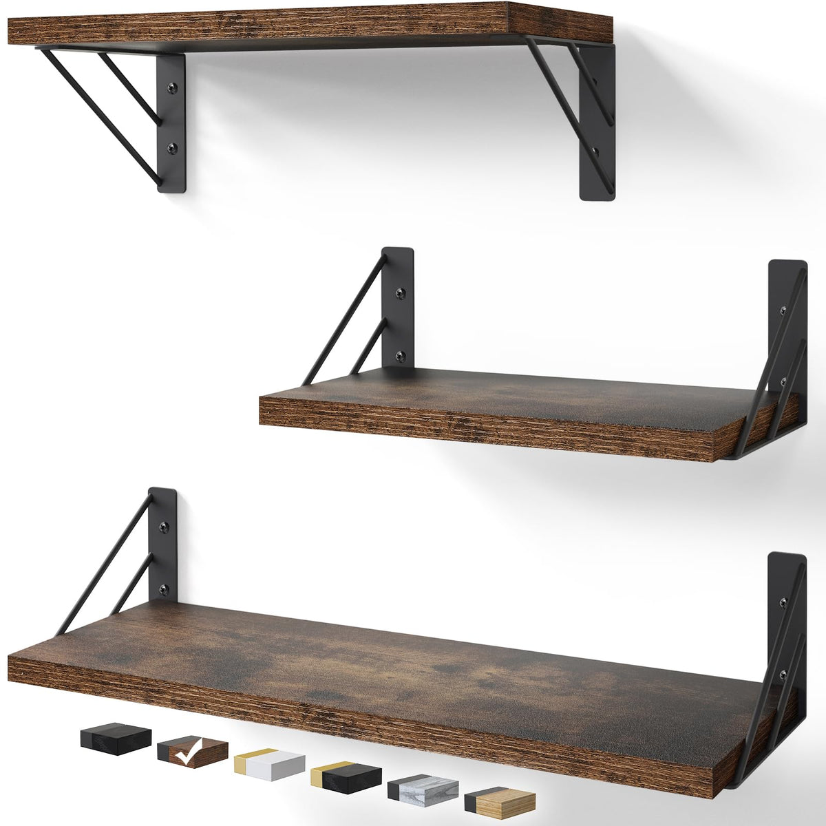 BAYKA Floating Shelves for Wall, Book Shelf for Bedroom, Decor Shelves for Living Room Kitchen, Mounted Wood Floating Shelf for Home Decor, Corner Shelf for Bathroom, Office(Dark Brown,Set of 4)