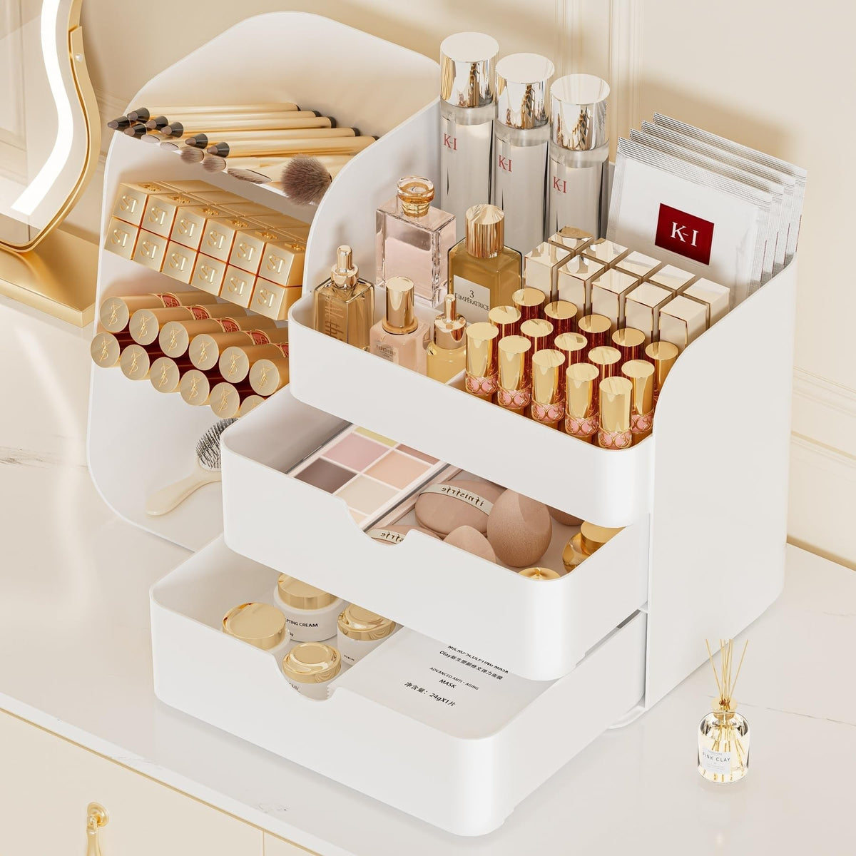 Booklov Small Makeup Organizer for Vanity Countertop, Cream