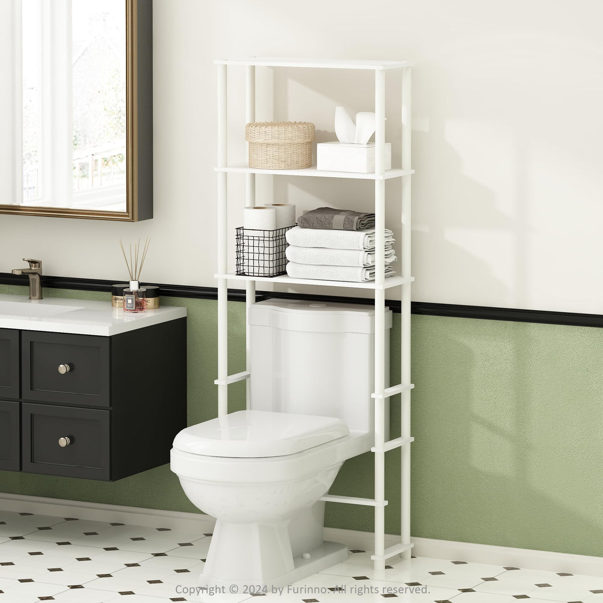 Furinno Turn-N-Tube Over The Toilet Storage, 5-Shelf Over The Toilet Organizer, Freestanding Space Saver Bathroom Shelf, for Bathroom Organizers and Storage, Plain White