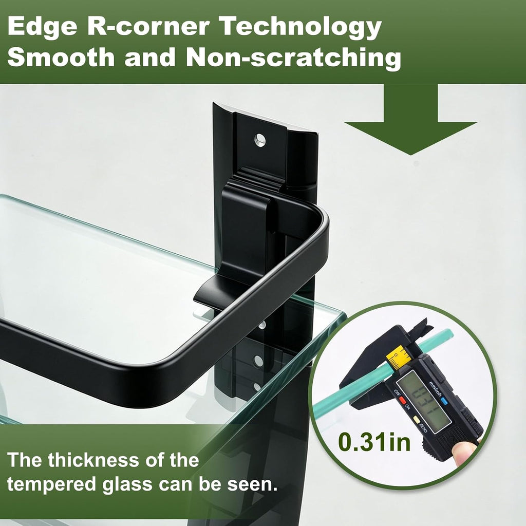 Bathroom Glass Shelf 15.7" Black Wall-Mounted, Floating Metal Storage Rack