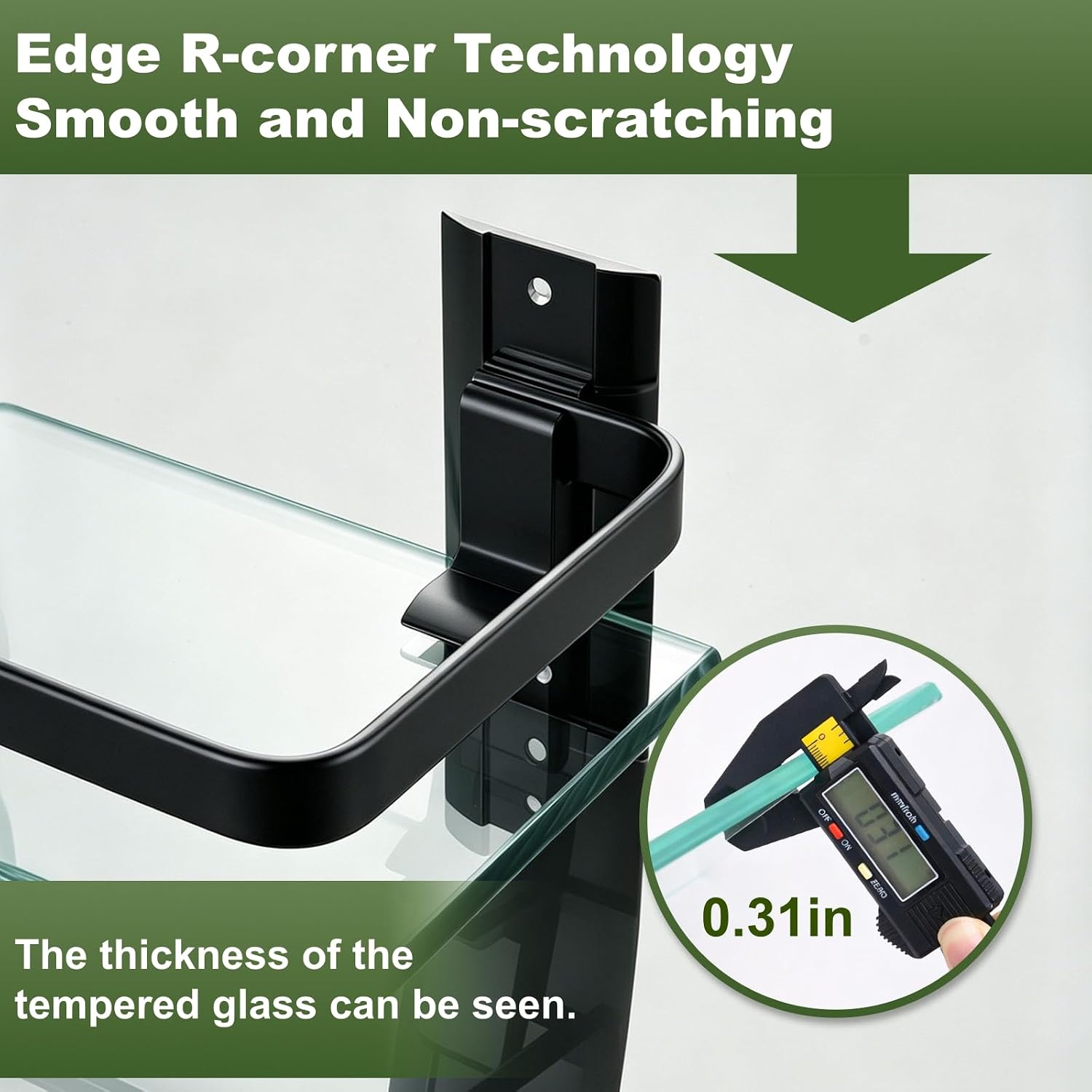 Bathroom Glass Shelf 15.7" Black Wall-Mounted, Floating Metal Storage Rack
