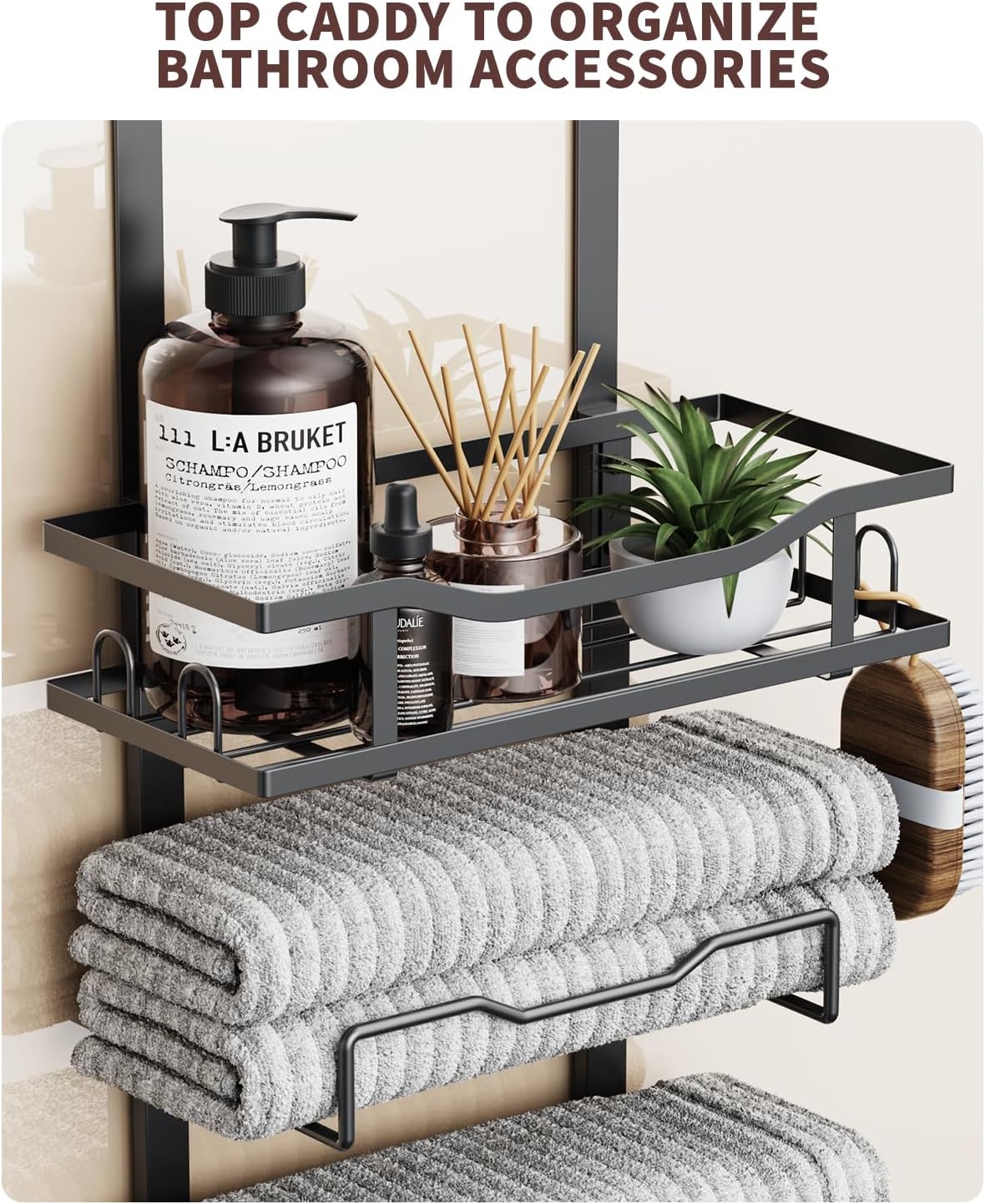 Aetyord Hanging Towel Racks for Bathroom No Drill - 6-Tier Over The Door Bath Towel Storage Organizer for Small Bathrooms - Tiered Back of Door Towel Holder Hanger for Rolled Towels RV Camper Black