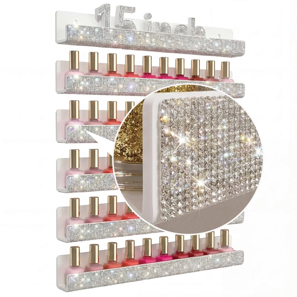 YMVV Wall-Mounted Nail Polish Organizer Rack - 15-Inch Gold Mirror Finish Nail Polish Shelf, Makeup & Beauty Essentials Storage - Multi-Purpose Display Holder for Small Space, Vanity Bathroom, 6 Pack