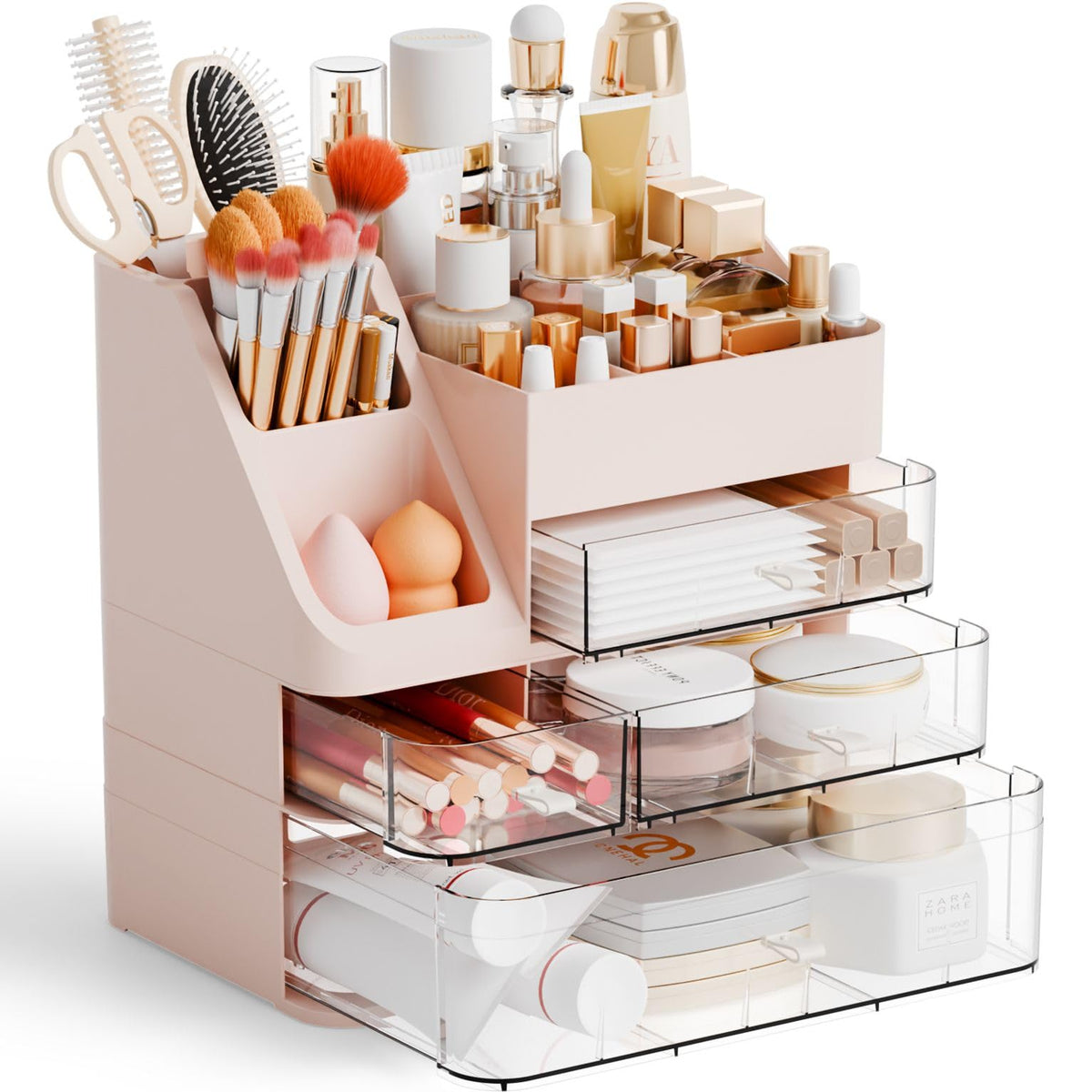 Yieach White Makeup Organizer Countertop With 4 Drawers,Large Cosmetics Storage Organizer for Brush,Hair Products,Plastic Makeup Holders and Beauty Skincare Organizers for Bathroom,Vanity,Dresser Top