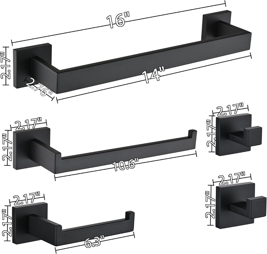 5-Piece Bathroom Hardware Set, 16 in Towel Bar, Matte Black