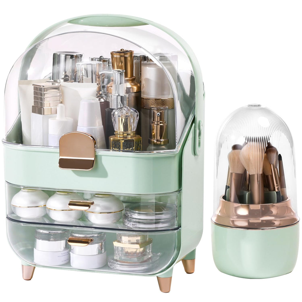 Makeup Organizer for Vanity with Brush Holder, Lid and 2 Drawers, Rose Gold
