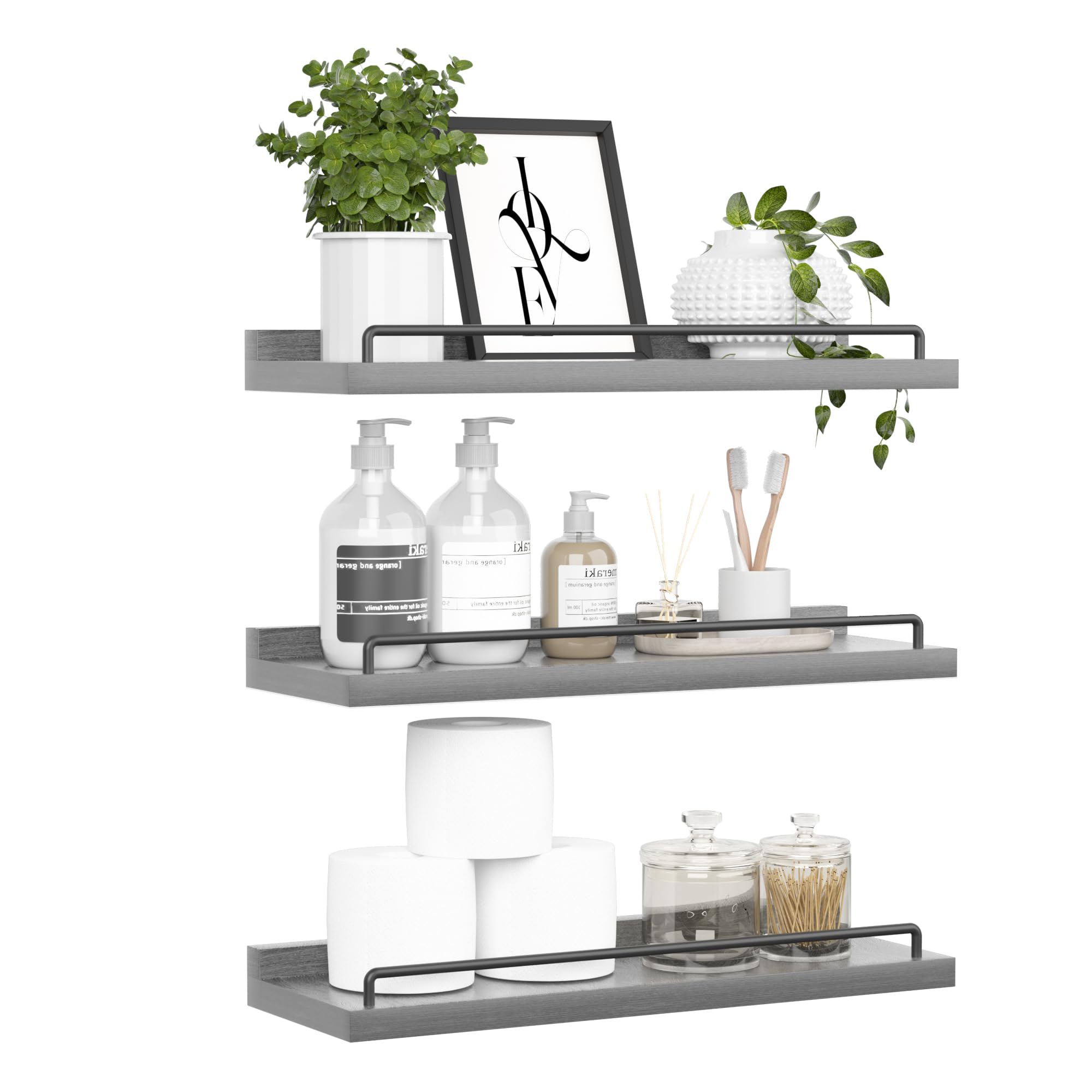 RYOFOBETTO Floating Shelves for Wall Decor Bathroom Shelves Over Toilet, Farmhouse Wall Shelves for Living Room, Bedroom, Picture Frames, Plants, Kitchen (Black, Set of 3)