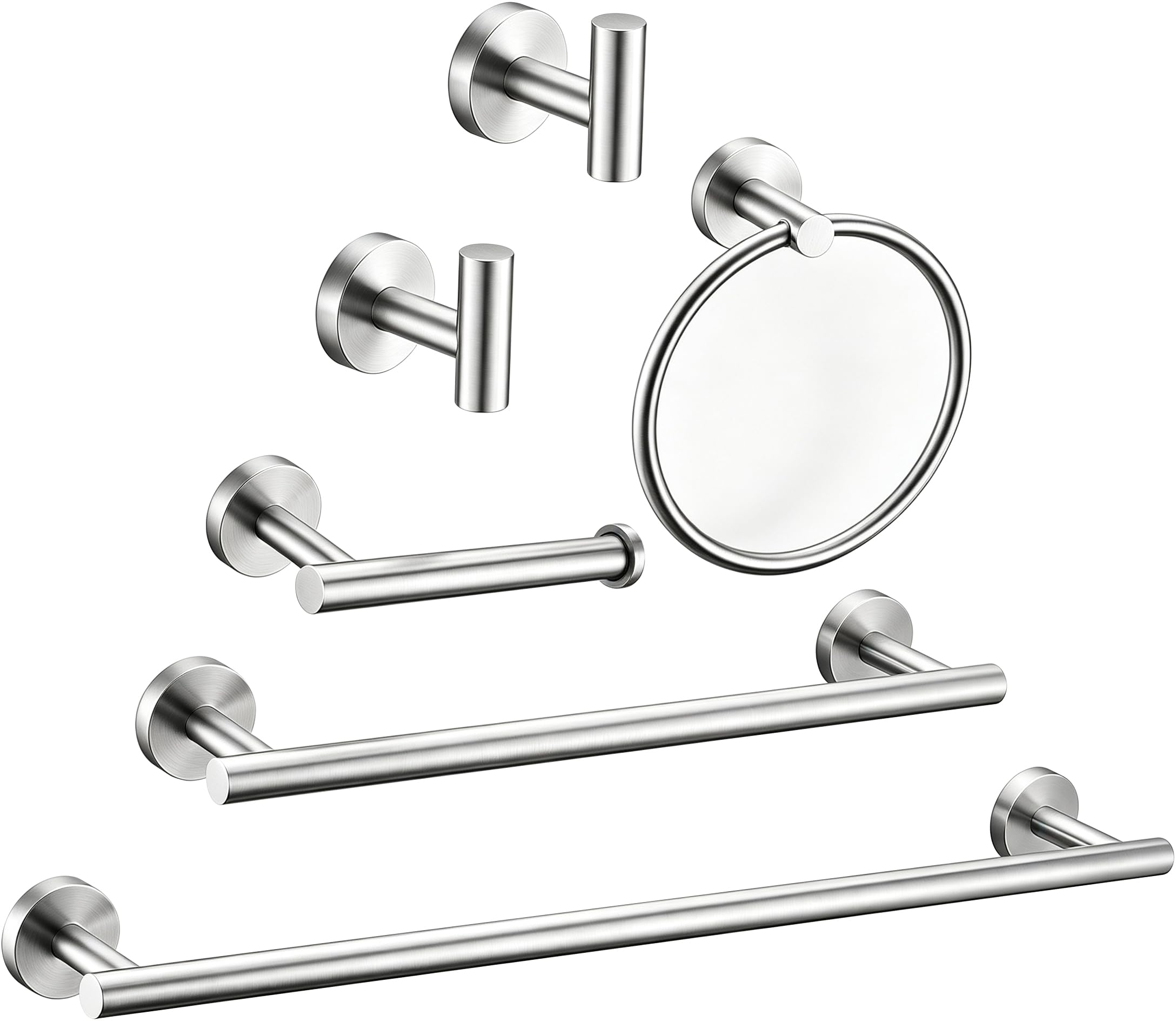 6 Pieces Brushed Nickel Bathroom Hardware Accessories Set Hand Towel Ring 16&23.6 inch Round Towel Bar Silver Toilet Paper Holder Towel Hooks 2 Pieces SUS 304 Stainless Steel,Heavy Duty,Wall Mounted