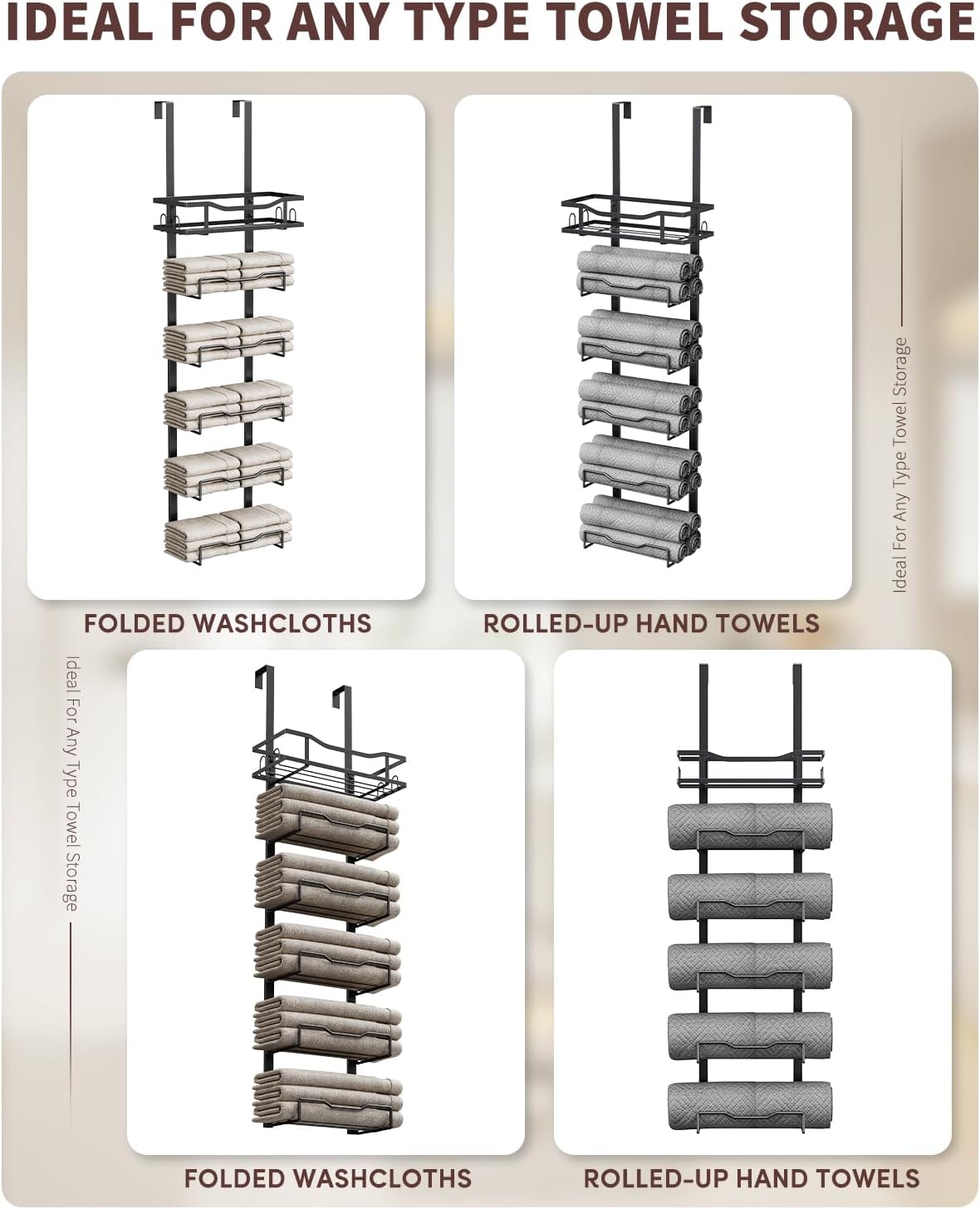 Aetyord Hanging Towel Racks for Bathroom No Drill - 6-Tier Over The Door Bath Towel Storage Organizer for Small Bathrooms - Tiered Back of Door Towel Holder Hanger for Rolled Towels RV Camper Black