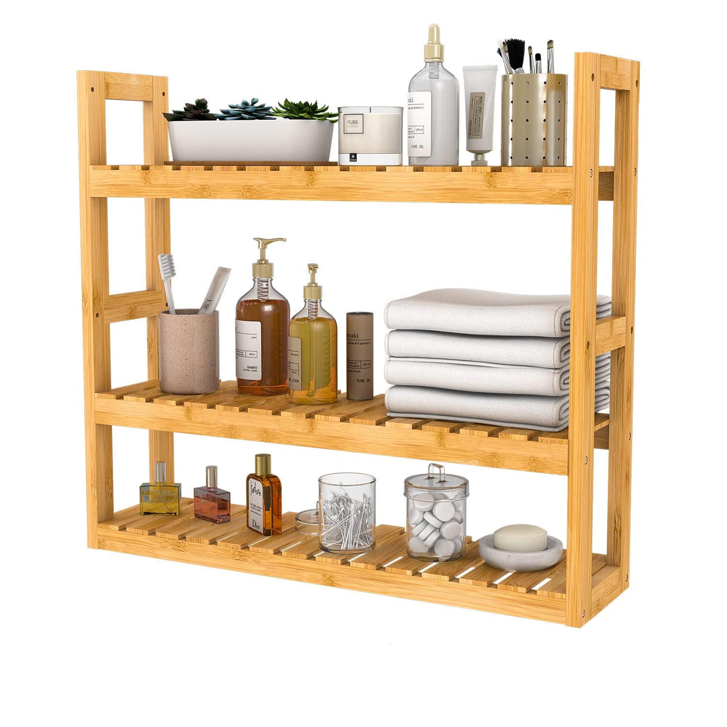 Domax Bamboo Bathroom Shelf 3-Tier Wall Mount Storage Rack Multifunctional Adjustable Layer Free Standing Over Toilet Utility Shelves Living Room Kitchen (Black)
