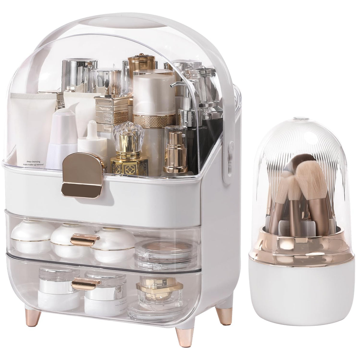 Makeup Organizer for Vanity with Brush Holder, Lid and 2 Drawers, Rose Gold