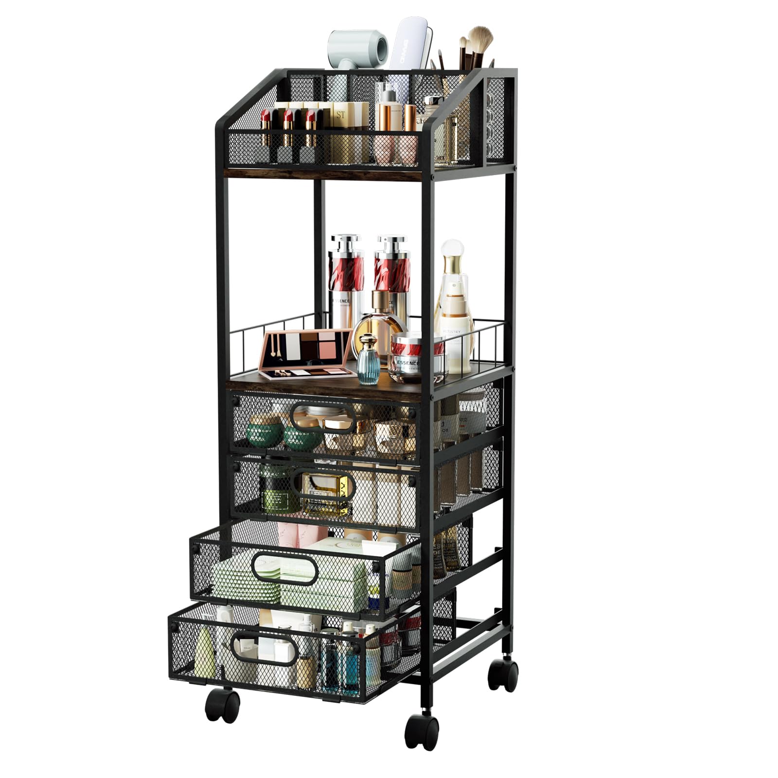 HapiRm Rolling Cart Makeup Organizer - Metal Makeup Cart with Wheels and Drawers for Small Spaces & Messy Vanities, Space-Saving Beauty Cosmetics Cart Storage Cabinet Stand for Perfume Hair Tools