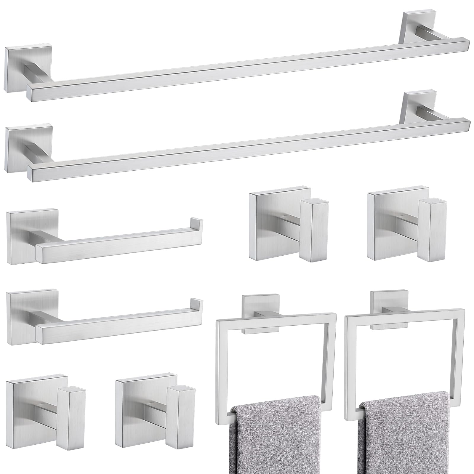 TQKAG 5-Pieces Brushed Gold Bathroom Hardware Accessories Set 23.6" SUS304 Stainless Steel Towel Bar Set Wall Mounted Square Toilet Paper Holder with Shelf