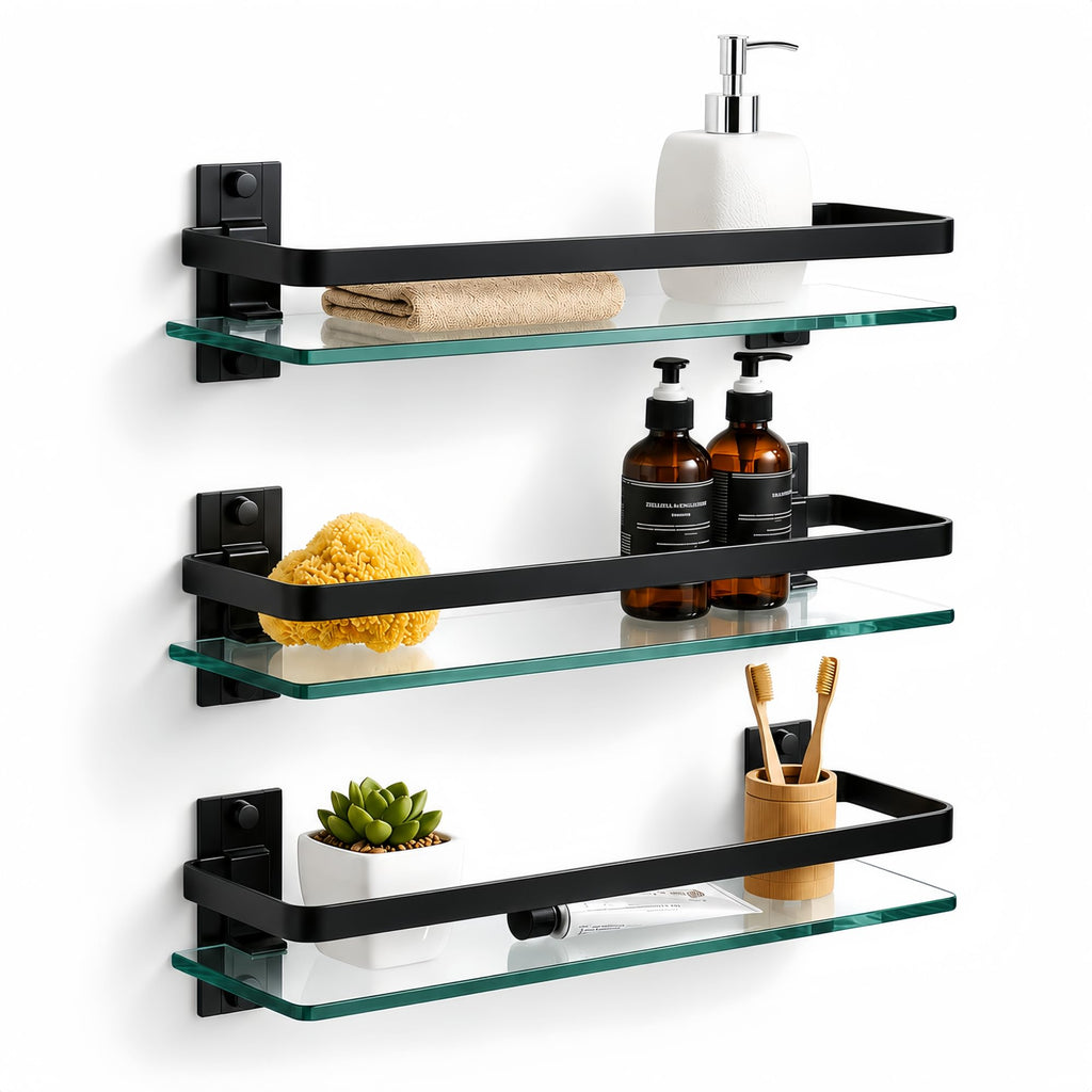 Bathroom Glass Shelf 15.7" Black Wall-Mounted, Floating Metal Storage Rack