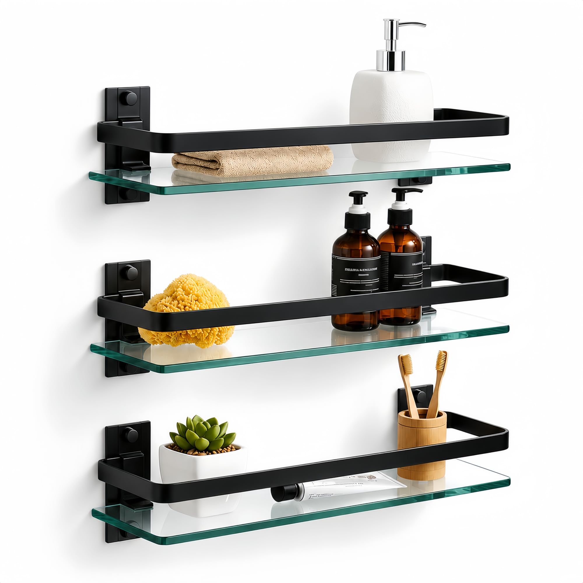 Bathroom Glass Shelf 15.7" Black Wall-Mounted, Floating Metal Storage Rack