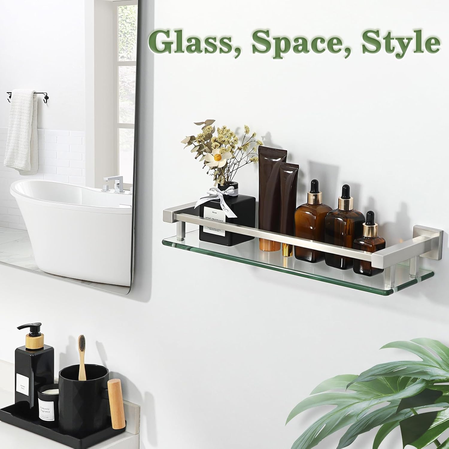 Alise Glass Shelf for Bathroom 16 Inch, Brushed Nickel Floating Glass Shelf