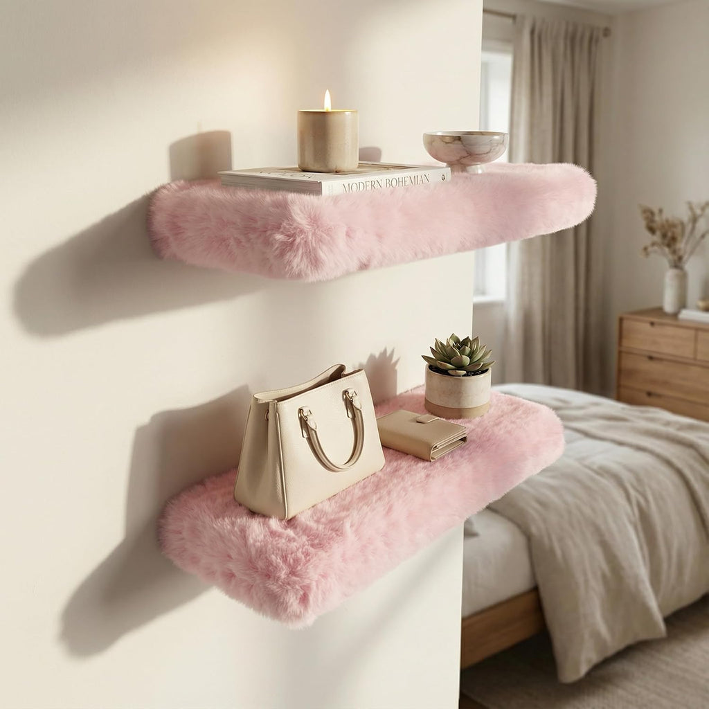 Furry Floating Shelves for Wall,2 Pack Wood Shelf with Plush Soft Shag Cover, Wall Mounted Shelves for Bedroom, Living Room, Suitable for Storing Valuable Collectibles, High Heels, Bags, Jewelry, Pink