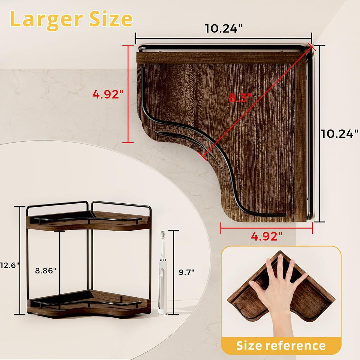 2-Tier Corner Bathroom Counter Organizer, Larger, Dark Brown