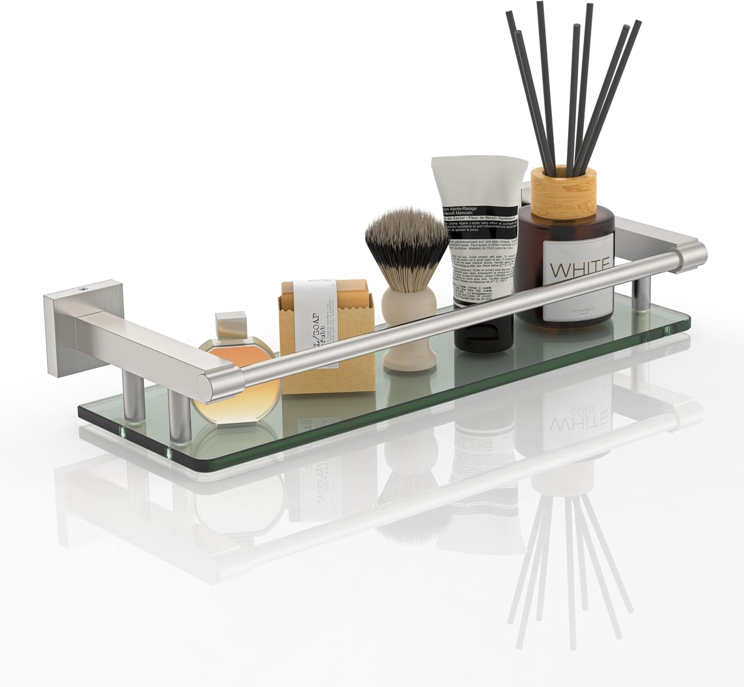 Glass Shelves for Bathroom, 16IN Brushed Nickel Bathroom Shelves for Wall Rectangular Stainless Steel Tempered Glass Modern use for Shelf Sink Over Toilet
