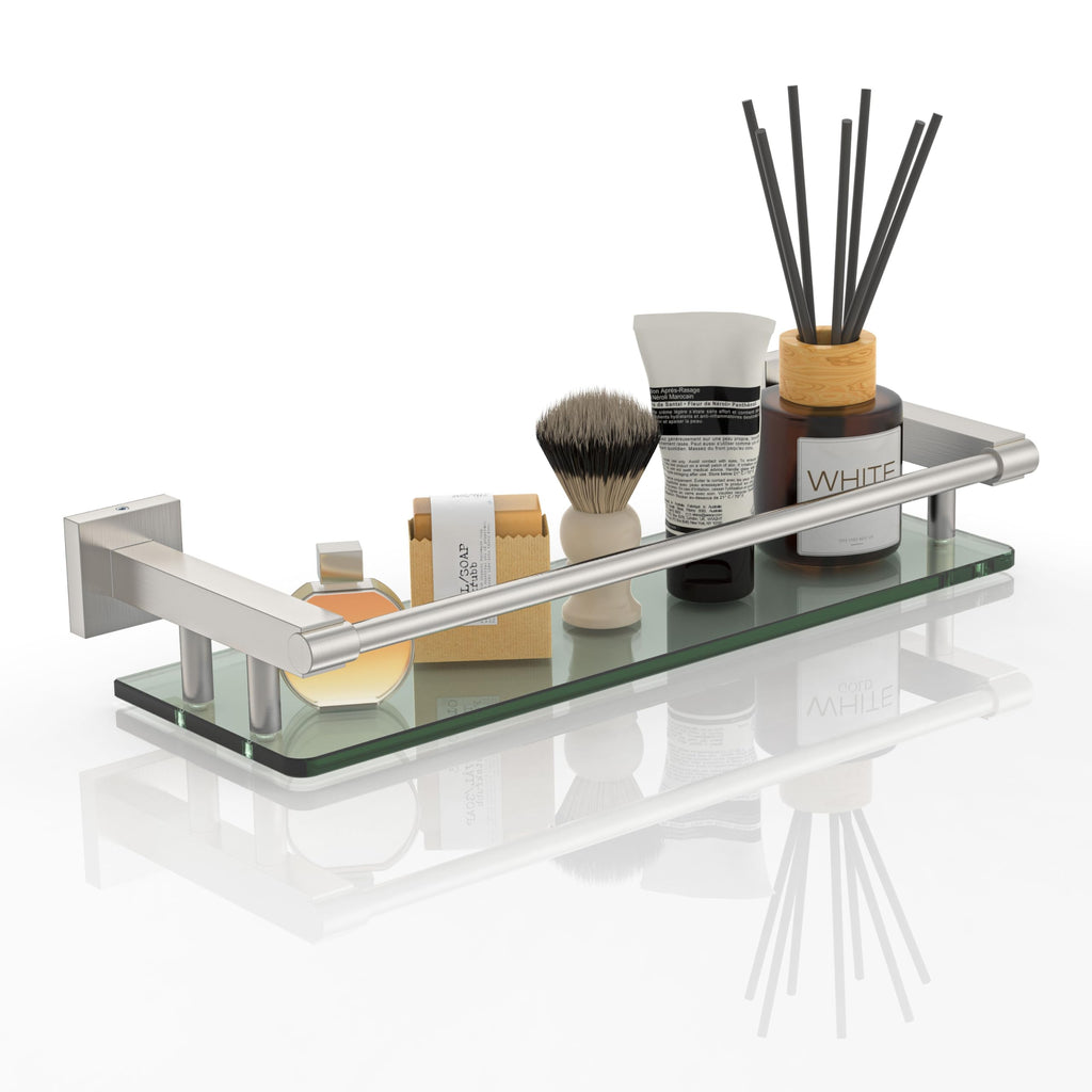 Glass Shelves for Bathroom, 16IN Brushed Nickel Bathroom Shelves for Wall Rectangular Stainless Steel Tempered Glass Modern use for Shelf Sink Over Toilet
