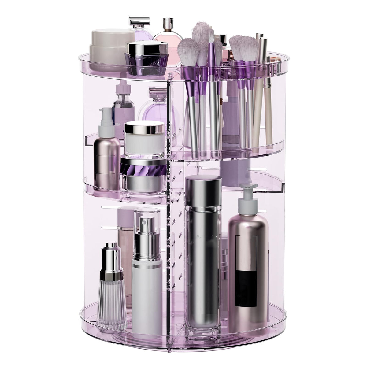Rotating Makeup Organizer, DIY 8 Adjustable Layers Spinning Skincare Storage, Cosmetic Display Case with Brush Holder and Perfume Tray, Multi-Function Vanity Bathroom Countertop Organizer Clear