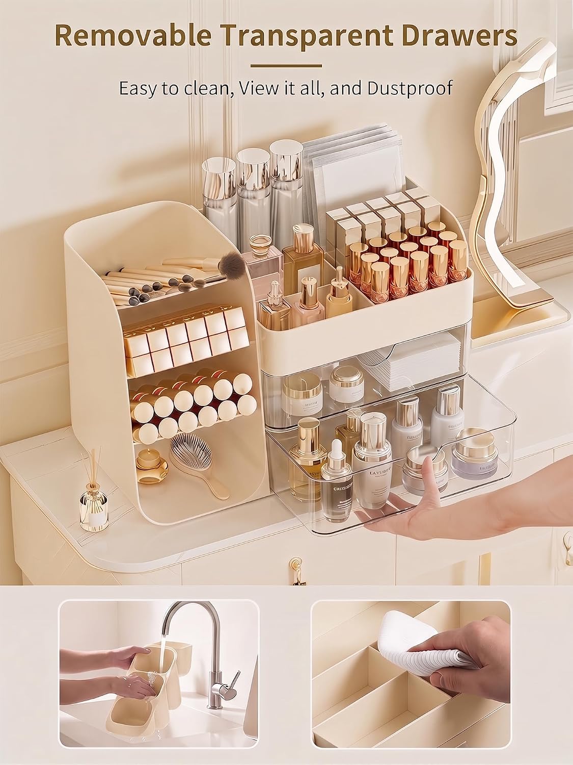 Booklov Small Makeup Organizer for Vanity Countertop, Cream